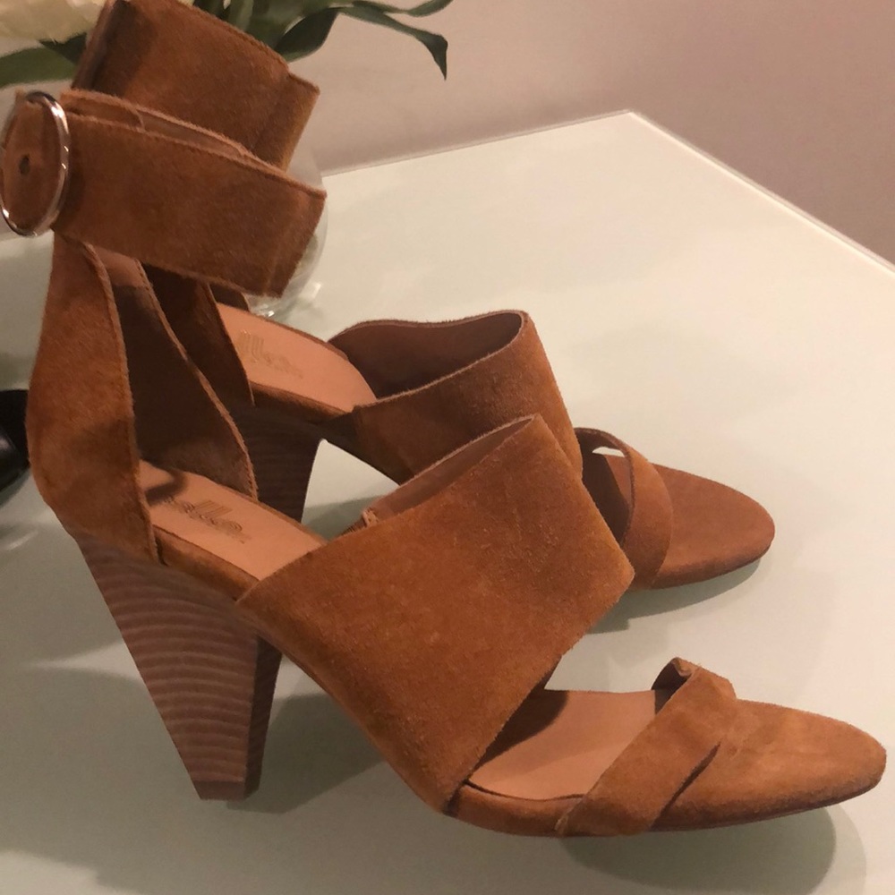 Camel Brown suede wedge sandals